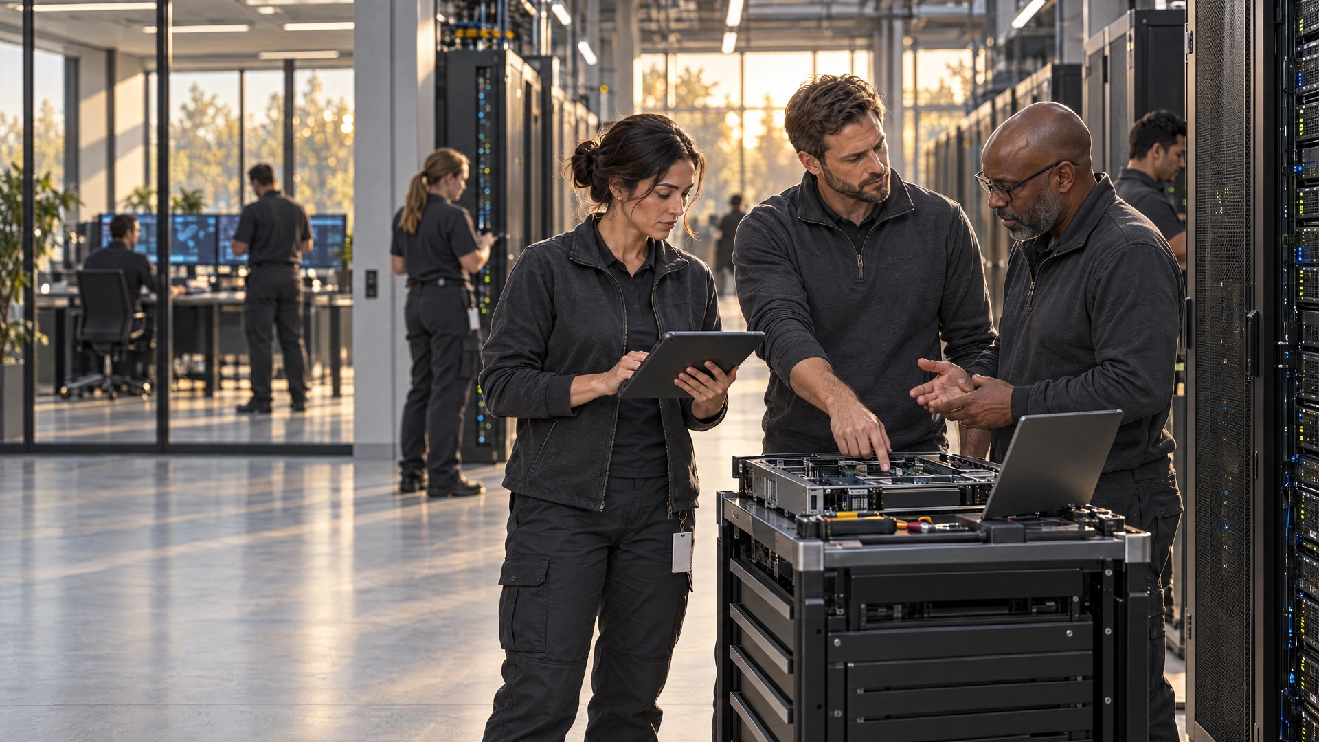 Computer-generated concept of skilled staff working together inside a data center